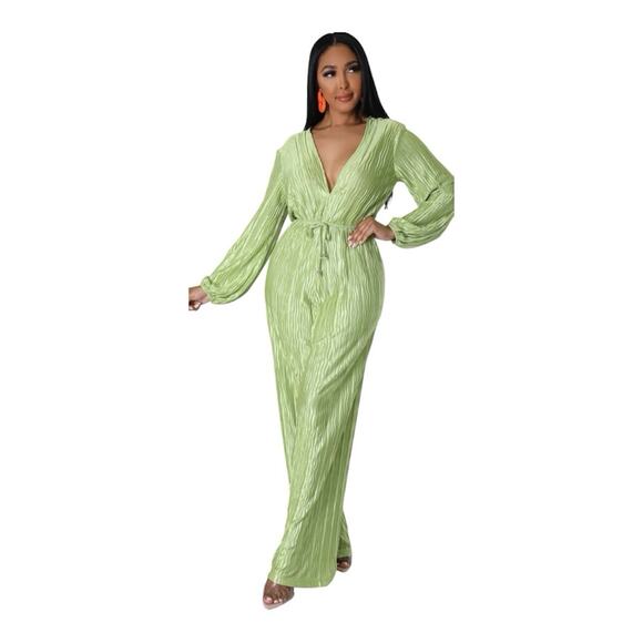 Hers & Mine Jumpsuit, Lime Green V-Neck Long Sleeve Straight Casual, Medium - Picture 1 of 6